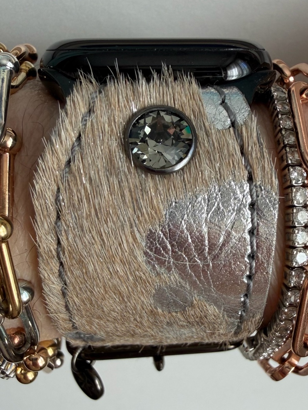 Taupe Faux Fur and Silver Spark*l Apple Watch Band, size 2